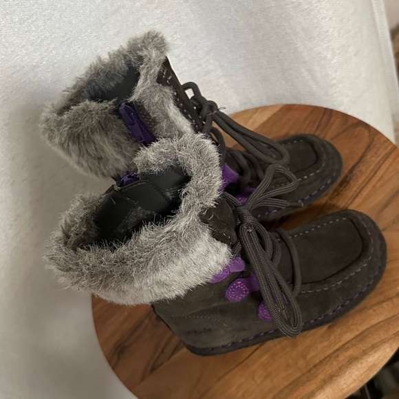 Clarks Girls Snugglewall Tall Suede Zip Lace Up Faux Fur Warm Winter Boots Sz 7 - Picture 6 of 11